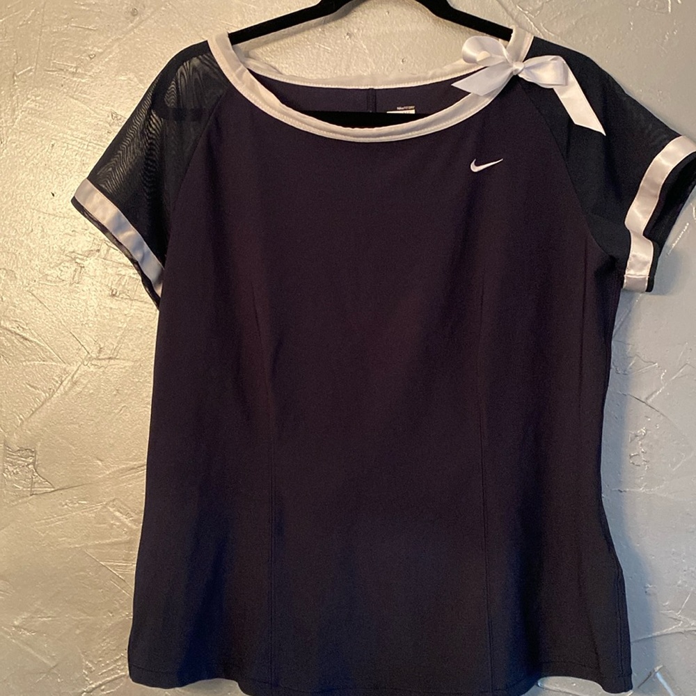 Nike Fit Dry Short Sleeve Tennis Shirt Navy and White with Satin Bow Trim XL